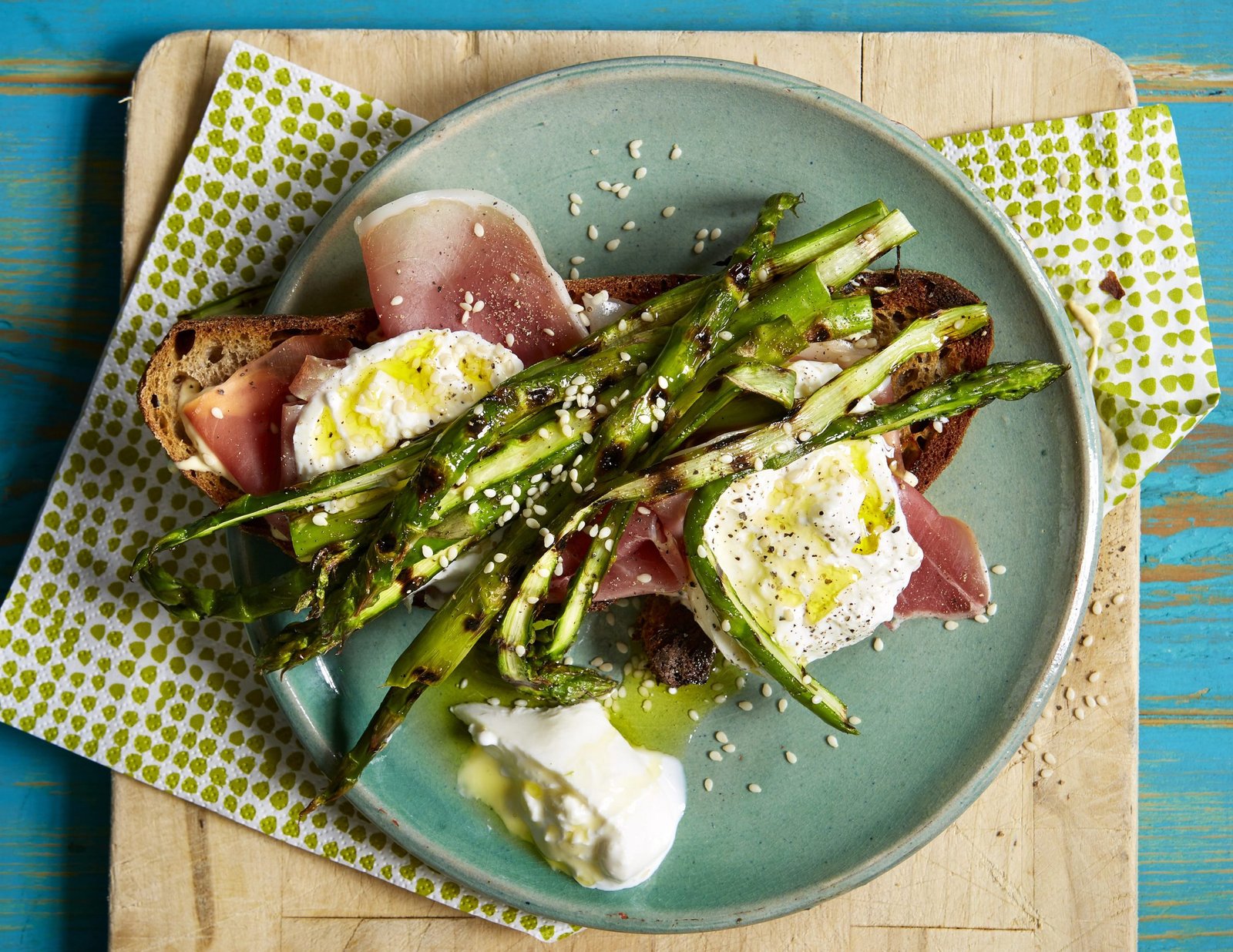 Roasted Asparagus and Potatoes with Sesame Breadcrumbs and Burrata.
